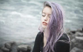 purple hair, closed eyes, girl, dyed hair