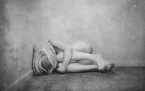 girl, fetal position, monochrome, nude