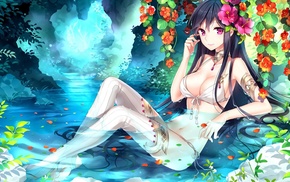 thigh, highs, anime, original characters, long hair, flowers