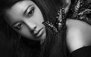 portrait, Asian, face, monochrome, butterfly, model