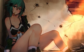 aqua hair, sniper rifle, weapon, Sword Art Online, bullet, anime