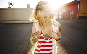 smiling, blonde, tattoo, girl