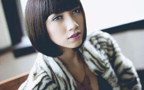 looking at viewer, blue eyes, brunette, Asian, short hair, girl