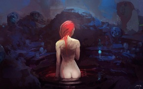 bathing, redhead, digital art, artwork, painting