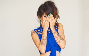 tattoo, colored nails, brunette, covering face, girl