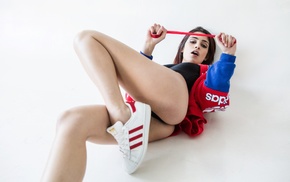 ass, sneakers, open mouth, girl, leotard, on the floor