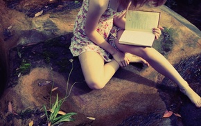 girl, summer  dress, barefoot, books, introvert, reading
