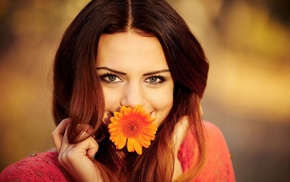 girl, smiling, flowers, eyes