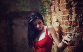 wall, red dress, girl, long hair, eyes, brunette