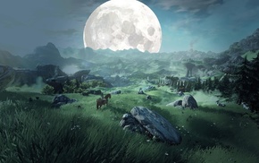 The Legend of Zelda Breath of the Wild, painting, Moon, fantasy art, landscape, rock