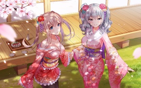 Kashima KanColle, flowers, kimono, cleavage, anime, sake