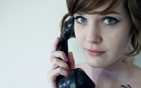 blue eyes, colored nails, freckles, phone, looking at viewer, girl