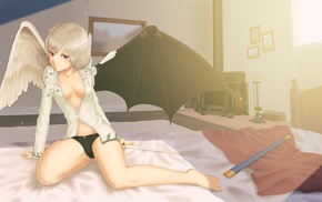 Touhou, bedroom, wings, sunset, anime girls, no bra