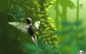 colibri bird, grass, trees, depth of field, flying, CGI