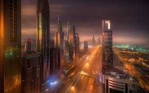 mist, Dubai, city lights, long exposure, city, skyscraper