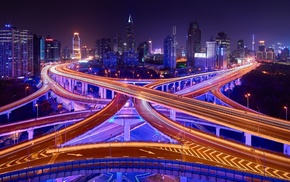 trees, light trails, city, neon, China, road