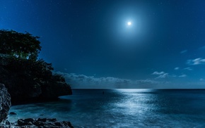 starry night, beach, landscape, island, moonlight, Moon