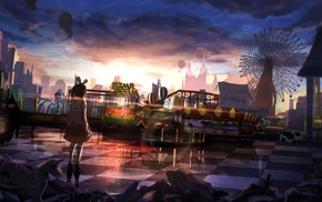 anime girls, ferris wheel, clouds, sunset, twintails, city