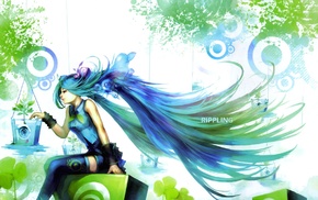 anime girls, anime, artwork, long hair, blue hair, sitting