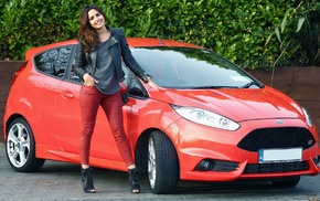 high heels, Ford, red cars, Ford Fiesta, girl with cars