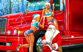 Christmas, pinup models, jean shorts, artwork, freightliner, Truck