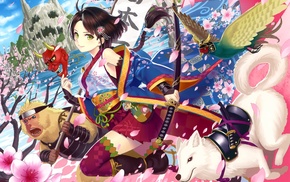 cherry blossom, weapon, anime, original characters, monkey, birds