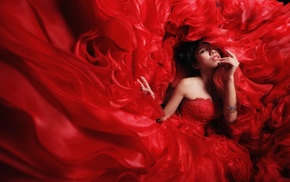 dress, Asian, red, gowns, model, bare shoulders