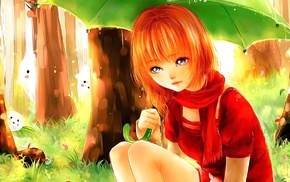 original characters, anime girls, scarf, umbrella, short hair, trees