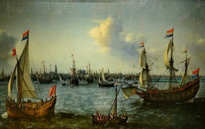 boat, flag, painting, ship, artwork