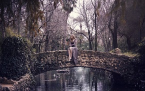 bridge, trees, girl outdoors, sitting, nature, water