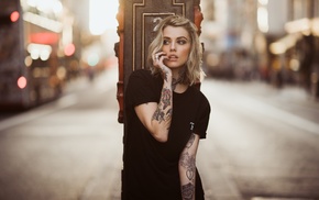 looking away, blonde, tattoo, pierced nose, finger on lips, girl
