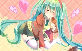 Hatsune Miku, anime, Vocaloid, closed eyes, twintails, thigh