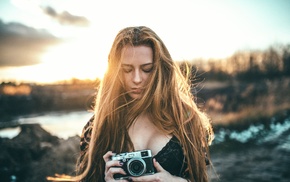 sunset, open shirt, camera, cleavage, bra, girl