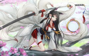 sword, kitsunemimi, katana, original characters, fox girl, cherry blossom