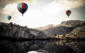 reflection, hot air balloons, lake, nature, landscape