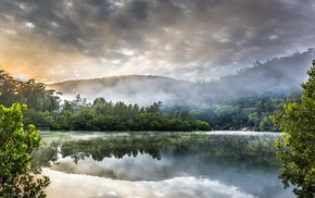 lake, mist, clouds, trees, HDR, reflection