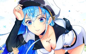 blue eyes, anime, open shirt, cleavage, blue hair, anime girls