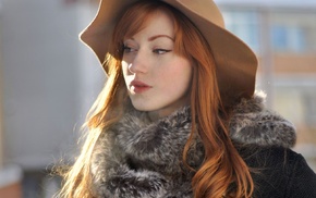 Alina Kovalenko, redhead, millinery, girl, looking away, hat