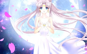 Moon, flower petals, Queen Serenity, Sailor Moon, anime, anime girls