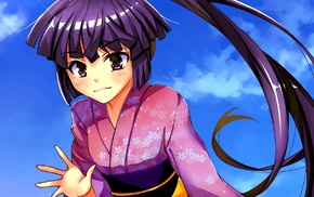 long hair, anime, purple eyes, kimono, clouds, smiling