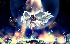 angel, wings, original characters, flying, violin, closed eyes