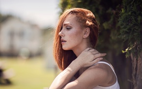 redhead, girl, profile, looking away, hair in face, girl outdoors