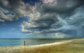 girl outdoors, clouds, beach