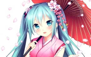 Hatsune Miku, anime, umbrella, Vocaloid, looking at viewer, smiling