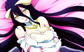 Overlord anime, looking at viewer, Albedo OverLord, long hair, brunette, open mouth