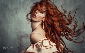 redhead, wavy hair, portrait, windy, girl, dress