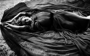 girl, Kate Moss, nipples through clothing, monochrome, model