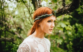 looking away, redhead, girl outdoors, girl, forest