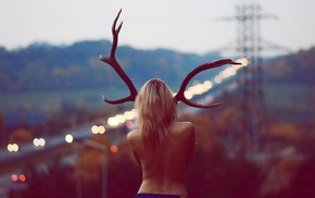 girl outdoors, girl, rear view, no bra, back, antlers