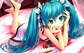 Hatsune Miku, anime girls, in bed, Vocaloid, open mouth, aqua eyes